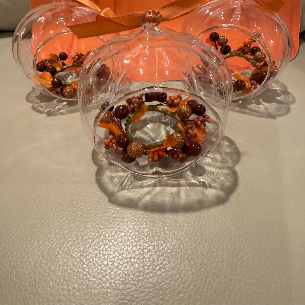 3 Glass Pumpkin Candle Displays by Luminara with Autumn garland and orange bows - Picture 2 of 5